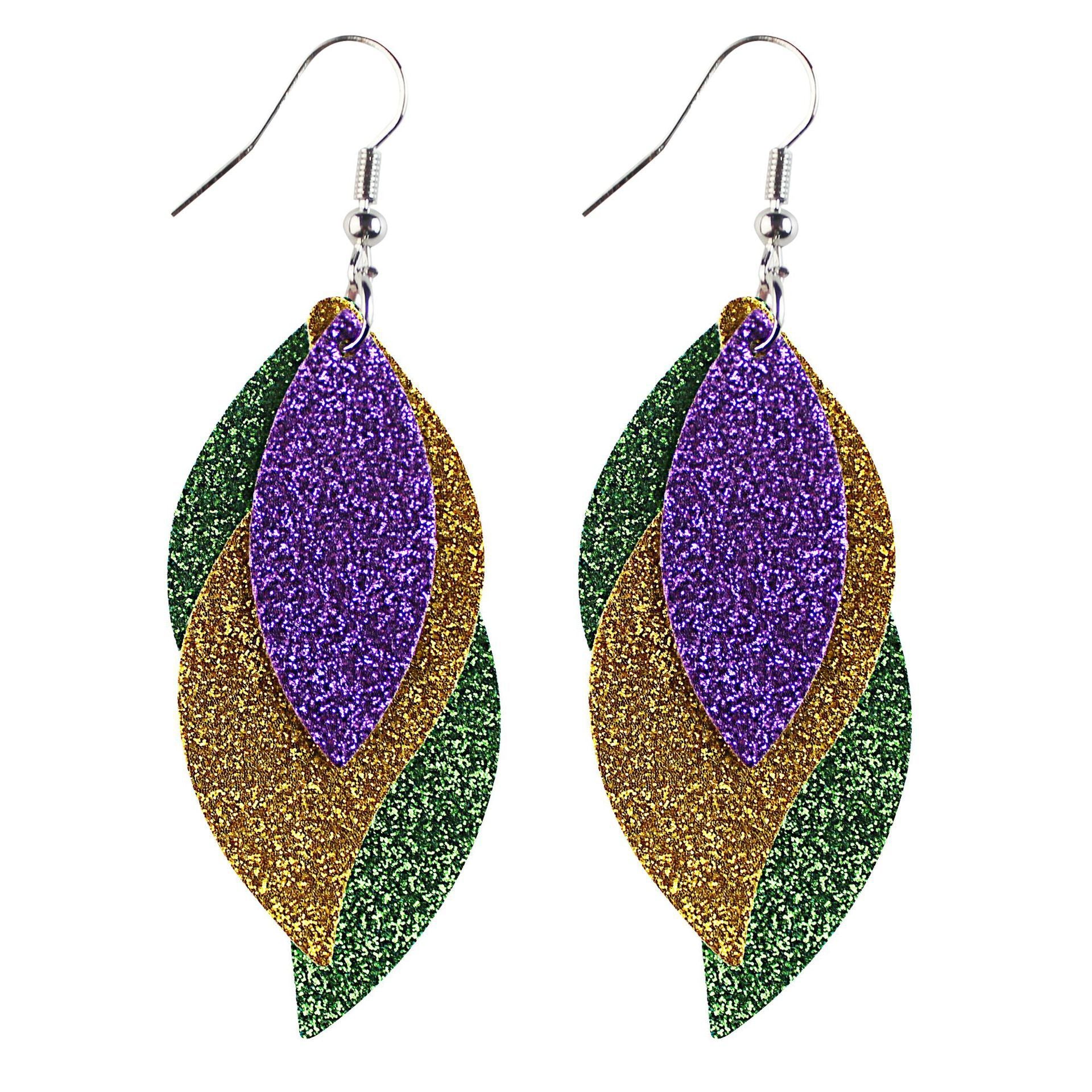 Wholesale Cross-grain single-sided print onion powder water drop three-layer leather earrings